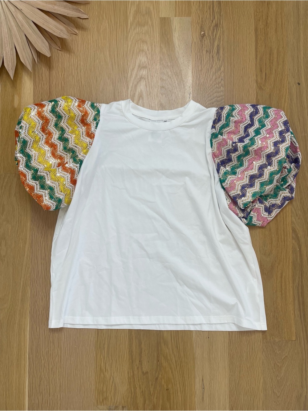 Queen of Sparkles White Chevron Zig Zag Puff Sleeve Sequinned Crochet Shirt Top